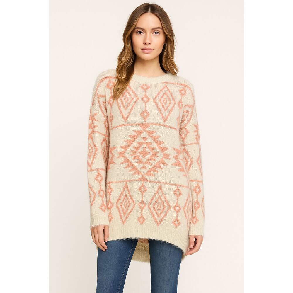 Love Culture Cream and Coral Aztec Knit Sweater Size Small